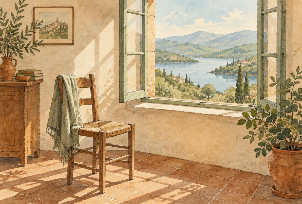 Illustration of a quiet sunlit room with a chair beside an open window