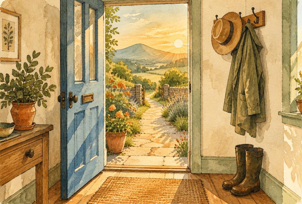 Illustration of a front door open onto a sunny garden path